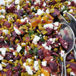 A plate of the Roasted Root Vegetable Salad with Cranberry Ginger Dressing